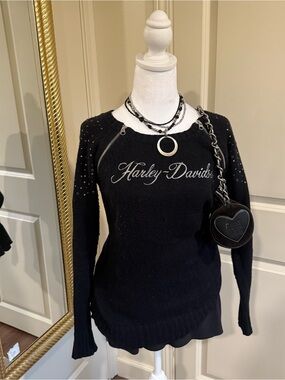 Harley-Davidson Black Studded Logo Knit Top with Zipper Accent